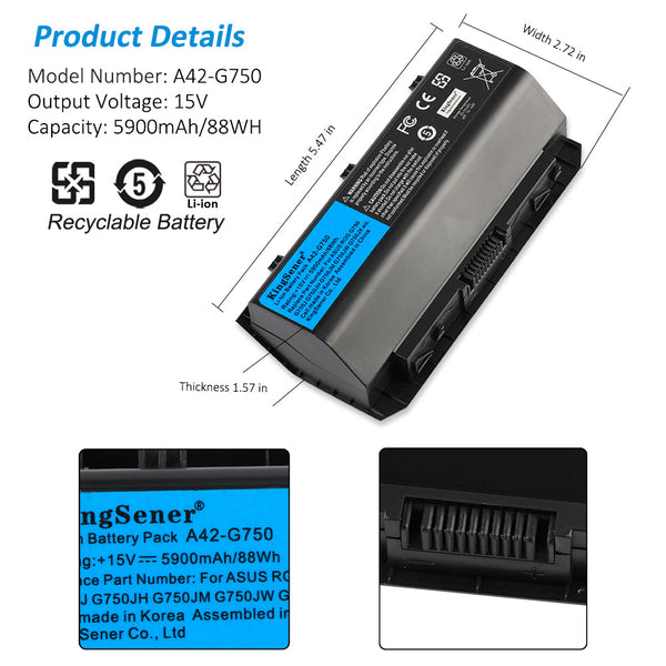 Sinewi Bevæger sig Dyster KingSener 15V 88WH A42-G750 Laptop Battery for ASUS ROG G750 G750J G75 -  BatteryMall.com