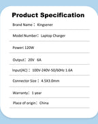 Kingsener 20V 6A 120W 4.5X3.0mm 筆記型電腦充電器，適用於華碩 Zenbook Flip 15 Q528EH Q538EI Q537F Q546F Q547F Q546FD Q547FD Q537FD