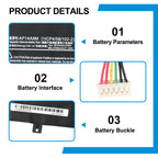 AP14A8M battery product details, 3.8V 5910mAh 22Wh Li-ion parameters, multi-pin interface connector, and battery buckle design