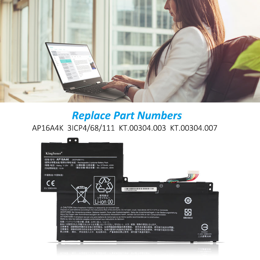 Kingsener AP16A4K 筆記本電池 適用於 Acer Swift SF113-31-P63H P0N9 P42V AO1-132-C0QL C129 C3FQ KT.00304.003 3ICP4/68/111