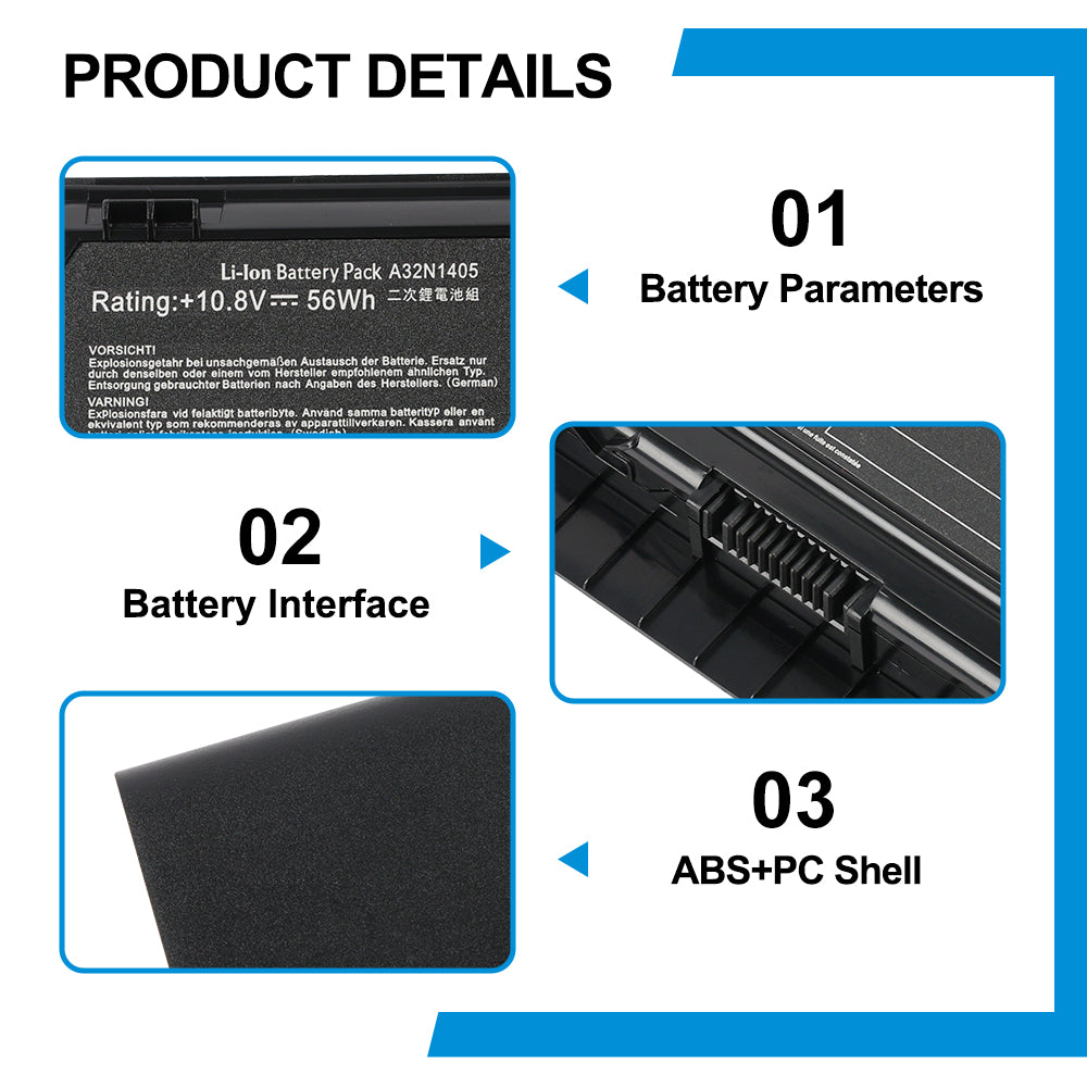 A32N1405 product details: 10.8V 56Wh 5000mAh parameters, slide-rail interface connector, ABS+PC fireproof shell for ASUS ROG gaming laptop