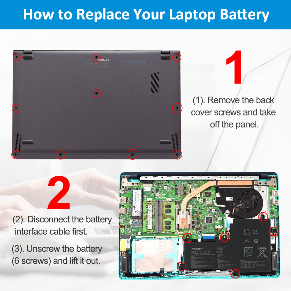 ASUS B31N1729 replacement Li-ion laptop battery 11.52V 42Wh DIY 3-step replacement 6-screw removal