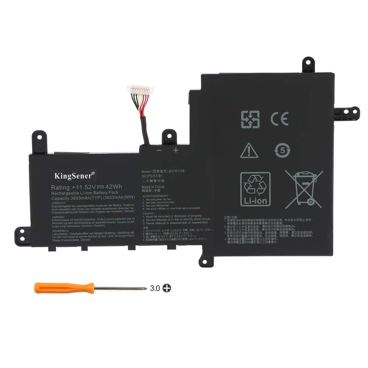 ASUS B31N1729 replacement Li-ion laptop battery 11.52V 42Wh 3653mAh PH3 screwdriver for installation