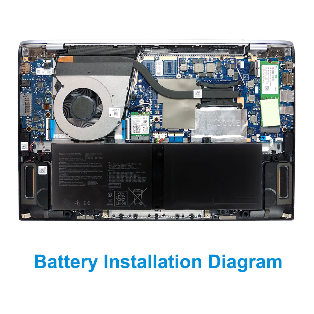 ASUS C21N1833 replacement Li-polymer laptop battery 7.7V 47Wh installation inside ASUS laptop