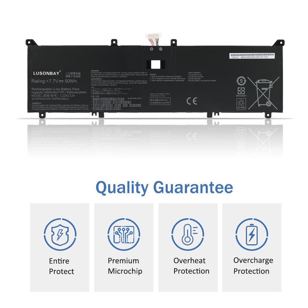 C22N1720 ASUS ZenBook S battery quality guarantee with overheat overcharge entire protection microchip icons