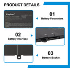 C22N2211 battery details showing 7.74V 75Wh spec label, multi-pin connector interface and mounting buckle design