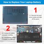 C22N2211 battery replacement steps: remove back cover screws, unplug connector, unscrew 7 mounting points and lift out