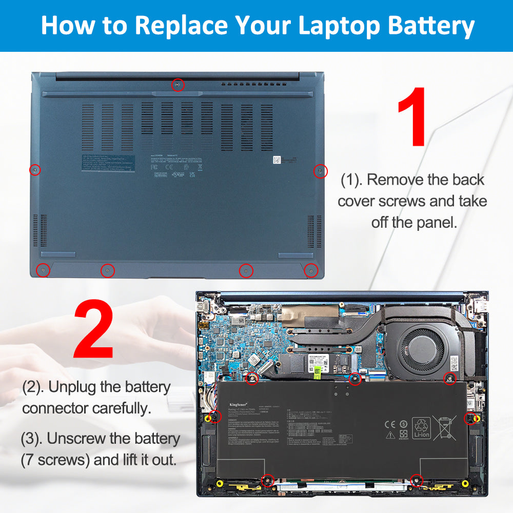 C22N2211 battery replacement steps: remove back cover screws, unplug connector, unscrew 7 mounting points and lift out