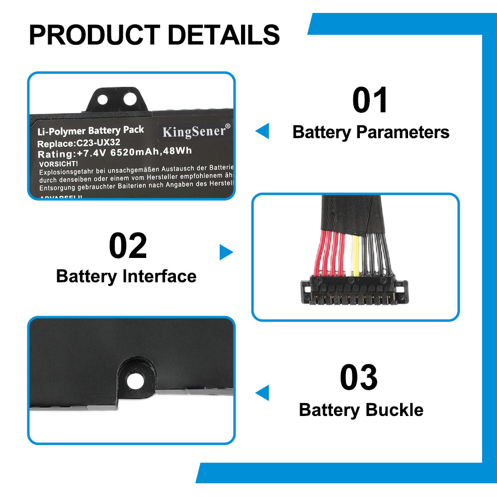 ASUS C23-UX32 replacement Li-polymer laptop battery 7.4V 48Wh specs 14-pin interface with metal buckle