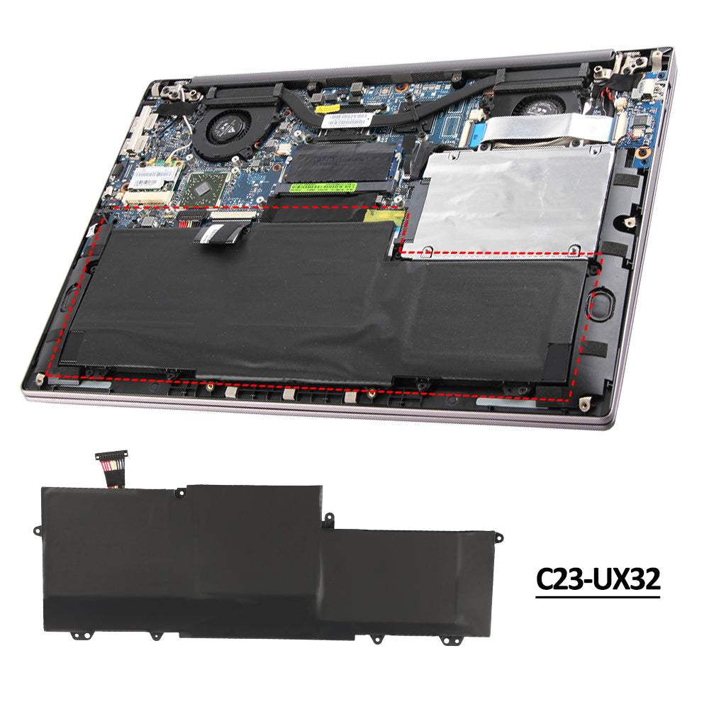 ASUS C23-UX32 replacement Li-polymer laptop battery 7.4V 48Wh installation inside ASUS Zenbook UX32 notebook