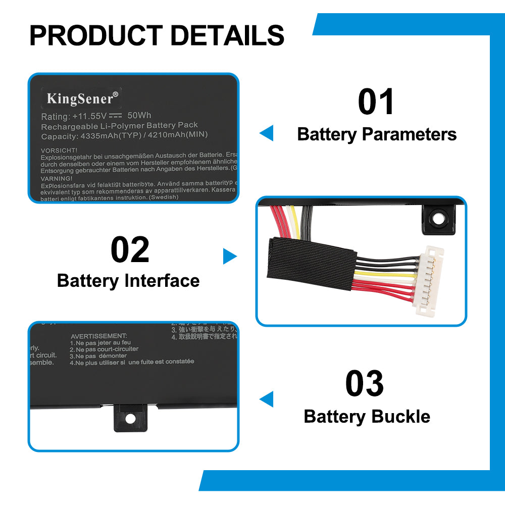 ASUS C31N1620 replacement Li-Polymer laptop battery 11.55V 50Wh specs with 8-pin interface and metal buckle