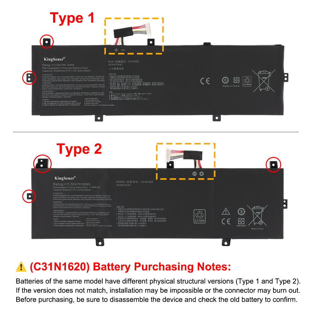 ASUS C31N1620 replacement Li-Polymer laptop battery 11.55V 50Wh Type 1 vs Type 2 version check before purchasing