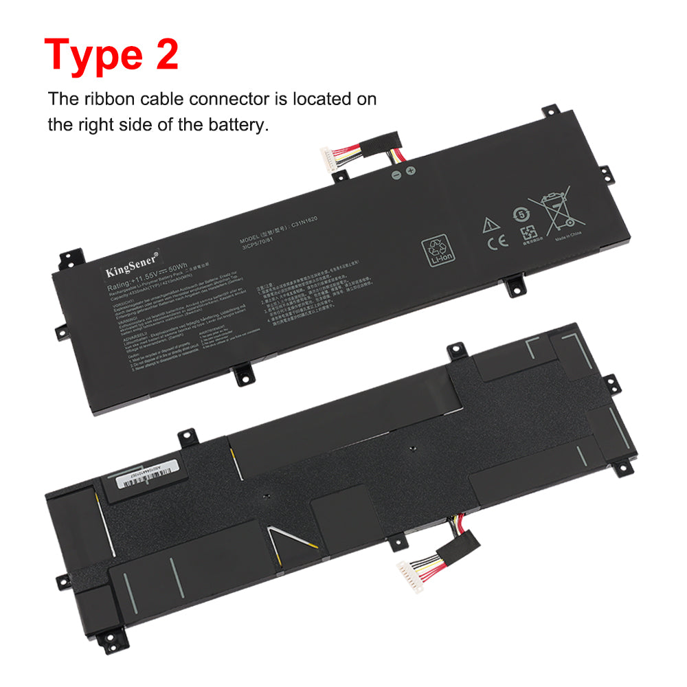 ASUS C31N1620 replacement Li-Polymer laptop battery 11.55V 50Wh Type 2 connector located on right side