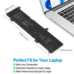 ASUS C31N1636 replacement laptop battery 11.49V 47Wh 4165mAh, dimensions 10.39x2.28x0.26in, safe Li-ion