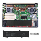C31N1636 battery installed inside ASUS laptop with dual fans and copper heat pipes, exact fit position