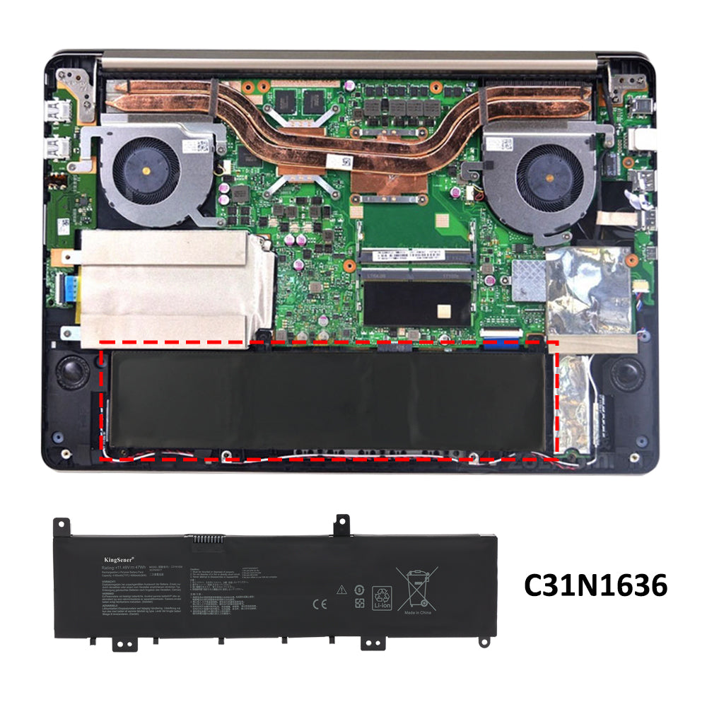 C31N1636 battery installed inside ASUS laptop with dual fans and copper heat pipes, exact fit position