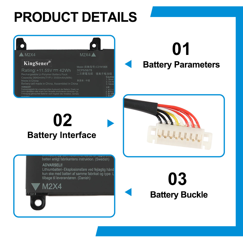 C31N1806 product details: 11.55V 42Wh 3ICP5/58/78 parameters, 9-pin multi-wire interface connector, M2X4 mount design for ASUS ZenBook laptop