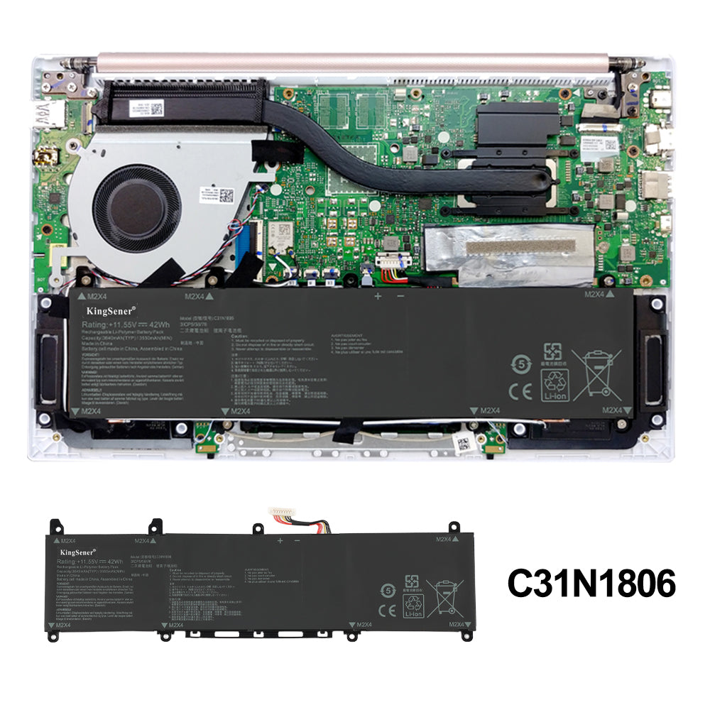 C31N1806 42Wh battery installed in ASUS ZenBook ultrabook internal view with cooling fan and motherboard, perfectly matching notebook chassis