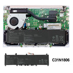 C31N1806 42Wh battery installed in ASUS ZenBook ultrabook internal view with cooling fan and motherboard, perfectly matching notebook chassis