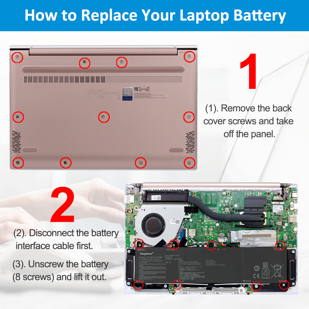 C31N1806 battery replacement tutorial: remove 11 back cover screws, disconnect battery cable, then unscrew 8 battery screws to lift out for ASUS ZenBook