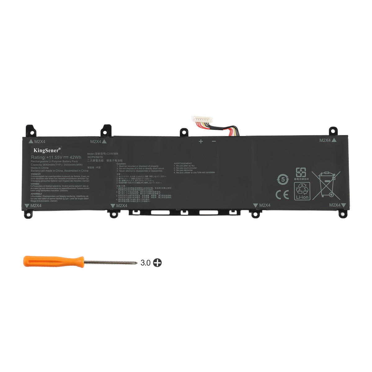 C31N1806 11.55V 42Wh ASUS replacement battery white background hero shot with 3.0 Phillips screwdriver, 3ICP5/58/78 made in China for ZenBook 13 14 series