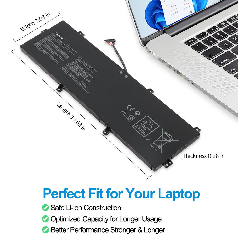 ASUS C31N1831 replacement laptop battery 11.55V 50Wh 4335mAh, dimensions 10.63x3.03x0.28in, safe Li-ion