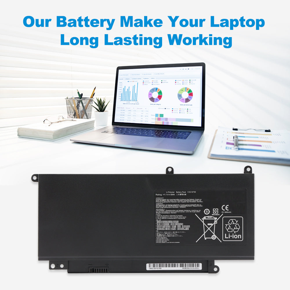 ASUS 17-inch laptop powered by C32-N750 replacement battery 11.1V 69Wh 6260mAh for long-lasting working