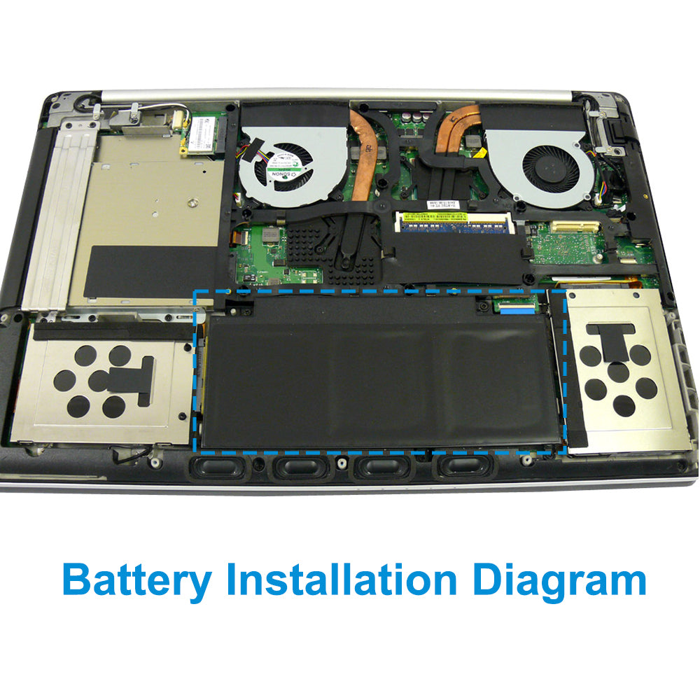 C32-N750 battery installed inside ASUS 17-inch laptop with dual fans and copper heat pipes, exact fit position