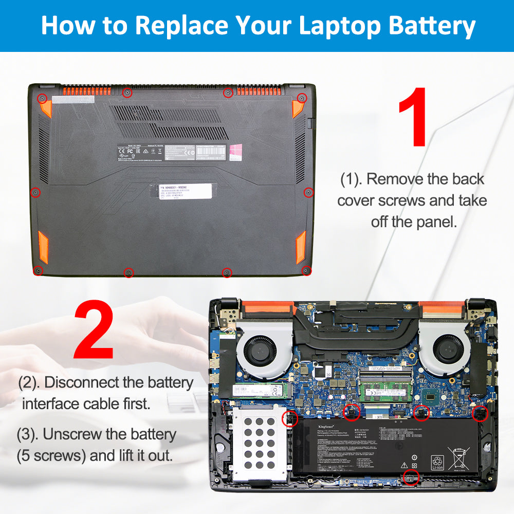 3-step C41N1531 battery replacement tutorial: remove back cover, disconnect cable, unscrew 5 screws