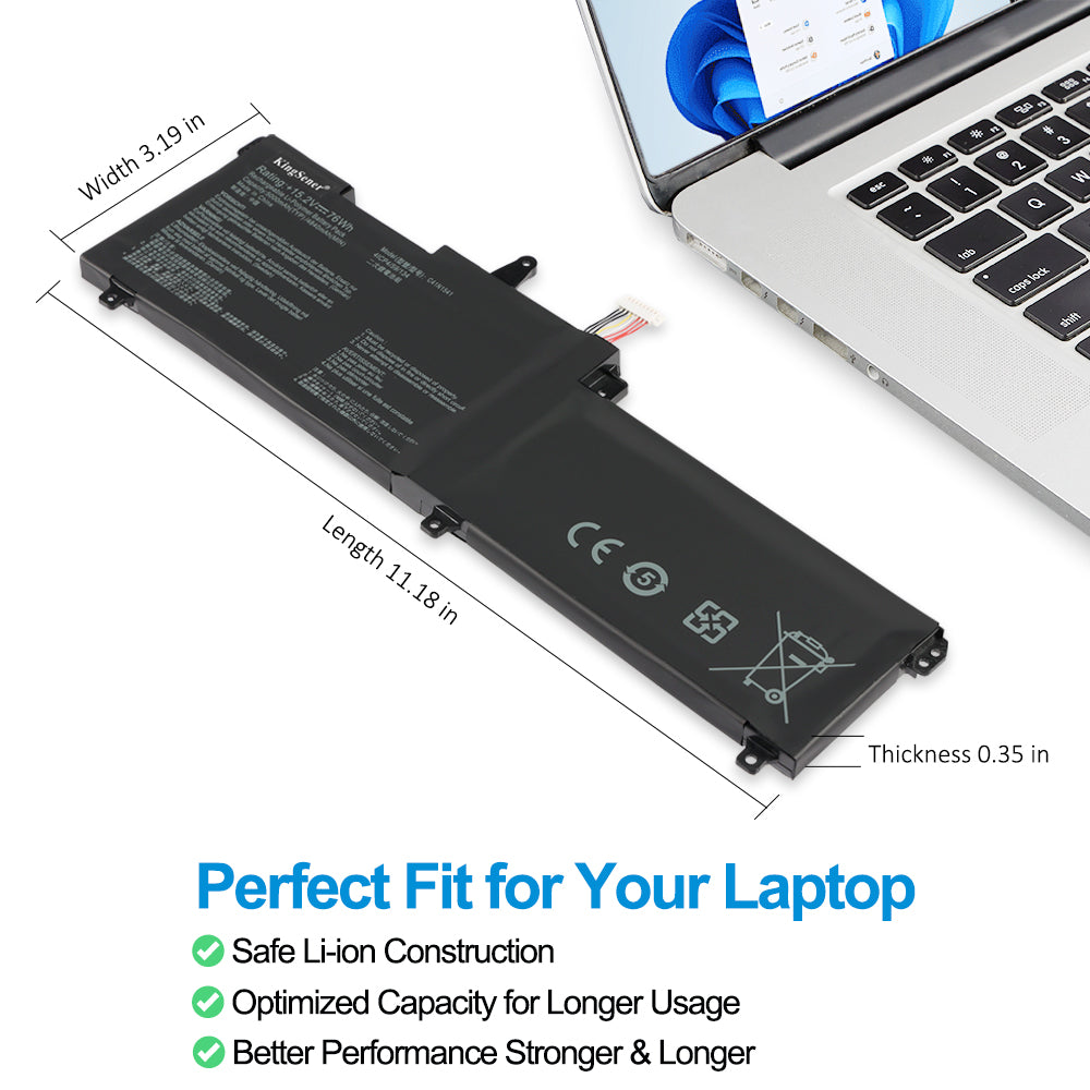 ASUS C41N1541 replacement laptop battery 15.2V 76Wh 5000mAh, dimensions 11.18x3.19x0.35in, safe Li-ion