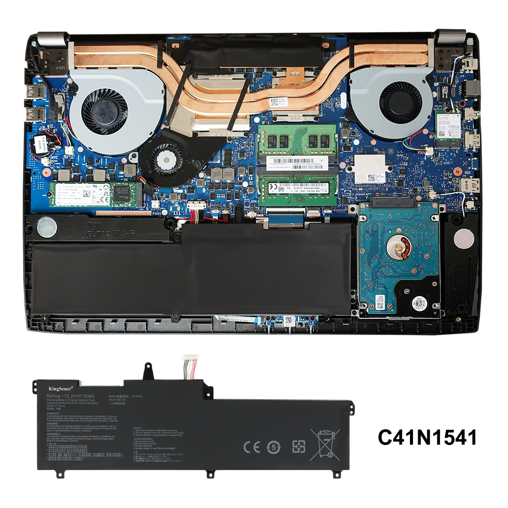 C41N1541 battery installed inside ASUS laptop with dual fans, 4 copper heat pipes and SSD, exact fit position