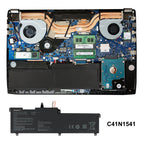 C41N1541 battery installed inside ASUS laptop with dual fans, 4 copper heat pipes and SSD, exact fit position
