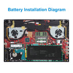C41N1727 battery installed inside ASUS laptop with red motherboard, dual fans and 4 copper heat pipes, exact fit