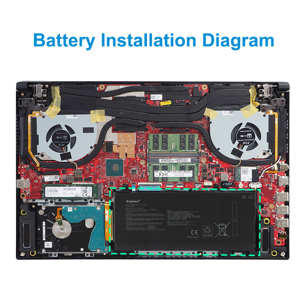 C41N1727 battery installed inside ASUS laptop with red motherboard, dual fans and 4 copper heat pipes, exact fit