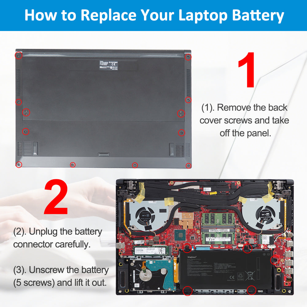 3-step C41N1727 battery replacement tutorial: remove back cover, unplug connector, unscrew 5 screws
