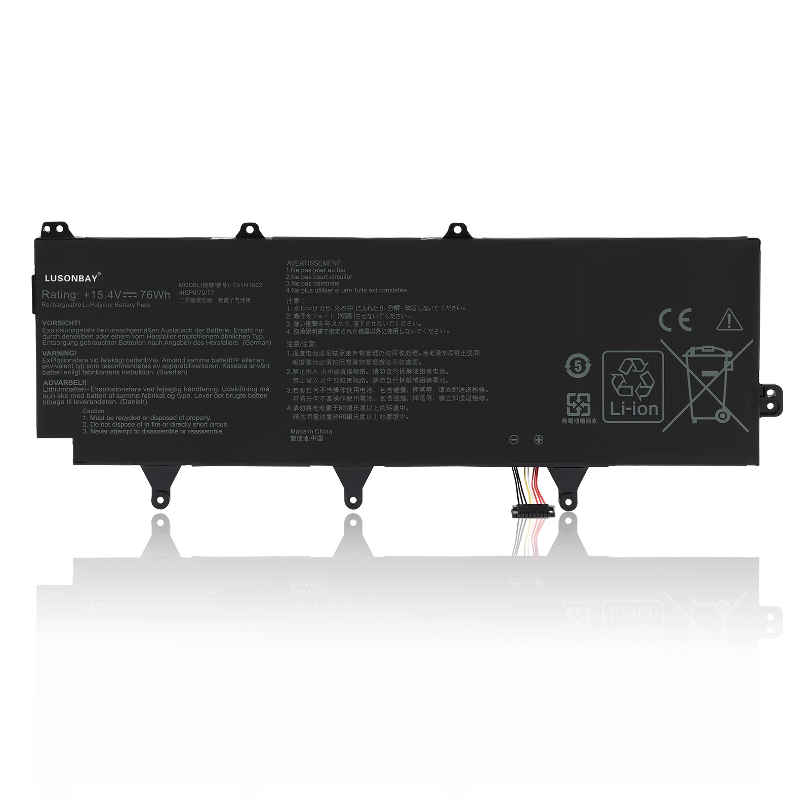 C41N1802 replacement battery for Asus ROG Zephyrus S GX701GW GX701GX, Li-ion 15.4V 76Wh 4935mAh, full label view with connector