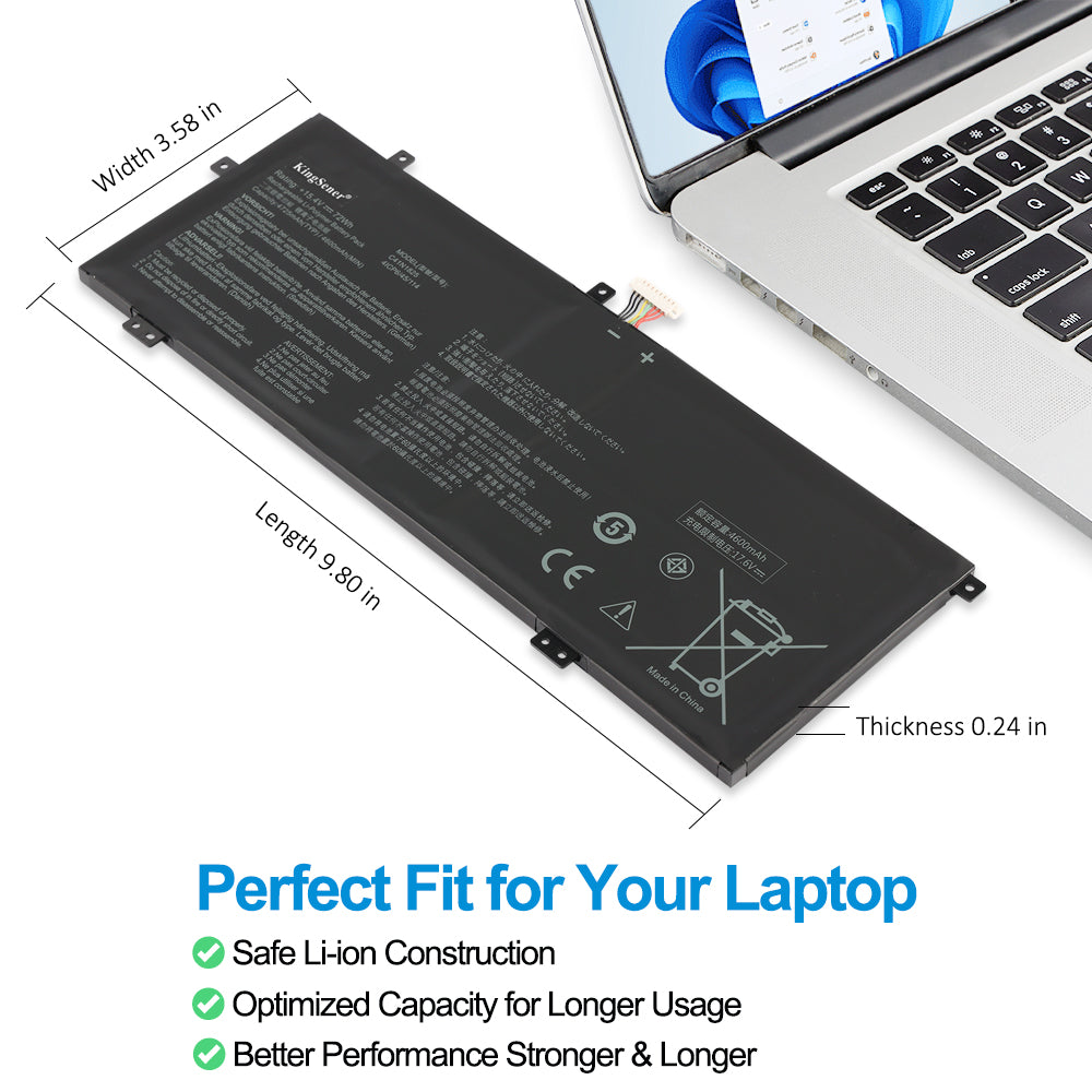ASUS C41N1825 replacement laptop battery 15.4V 72Wh 4725mAh, dimensions 9.80x3.58x0.24in, safe Li-ion