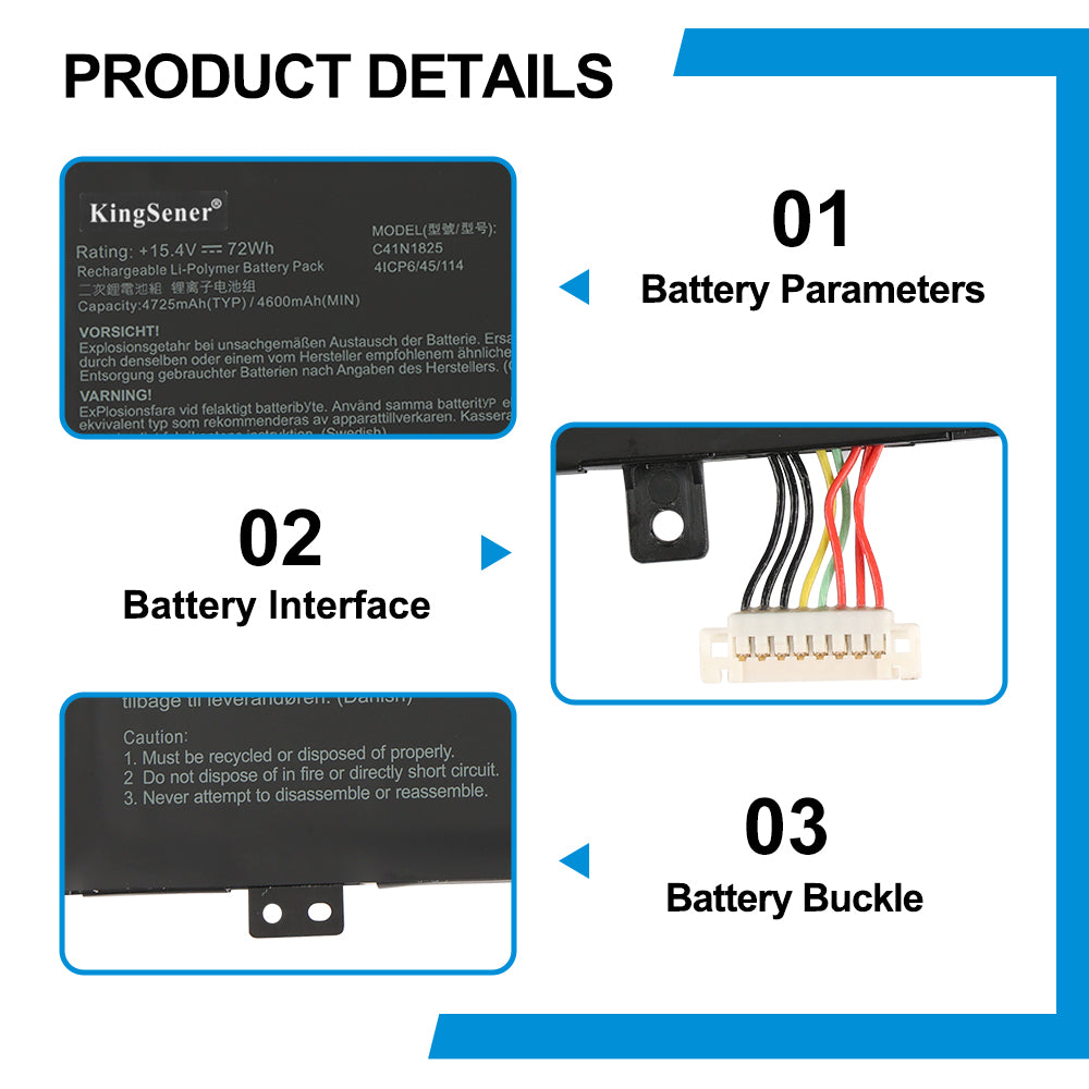 C41N1825 replacement battery details: 15.4V 72Wh 4725mAh 4ICP6/45/114 with colored wire harness and buckle