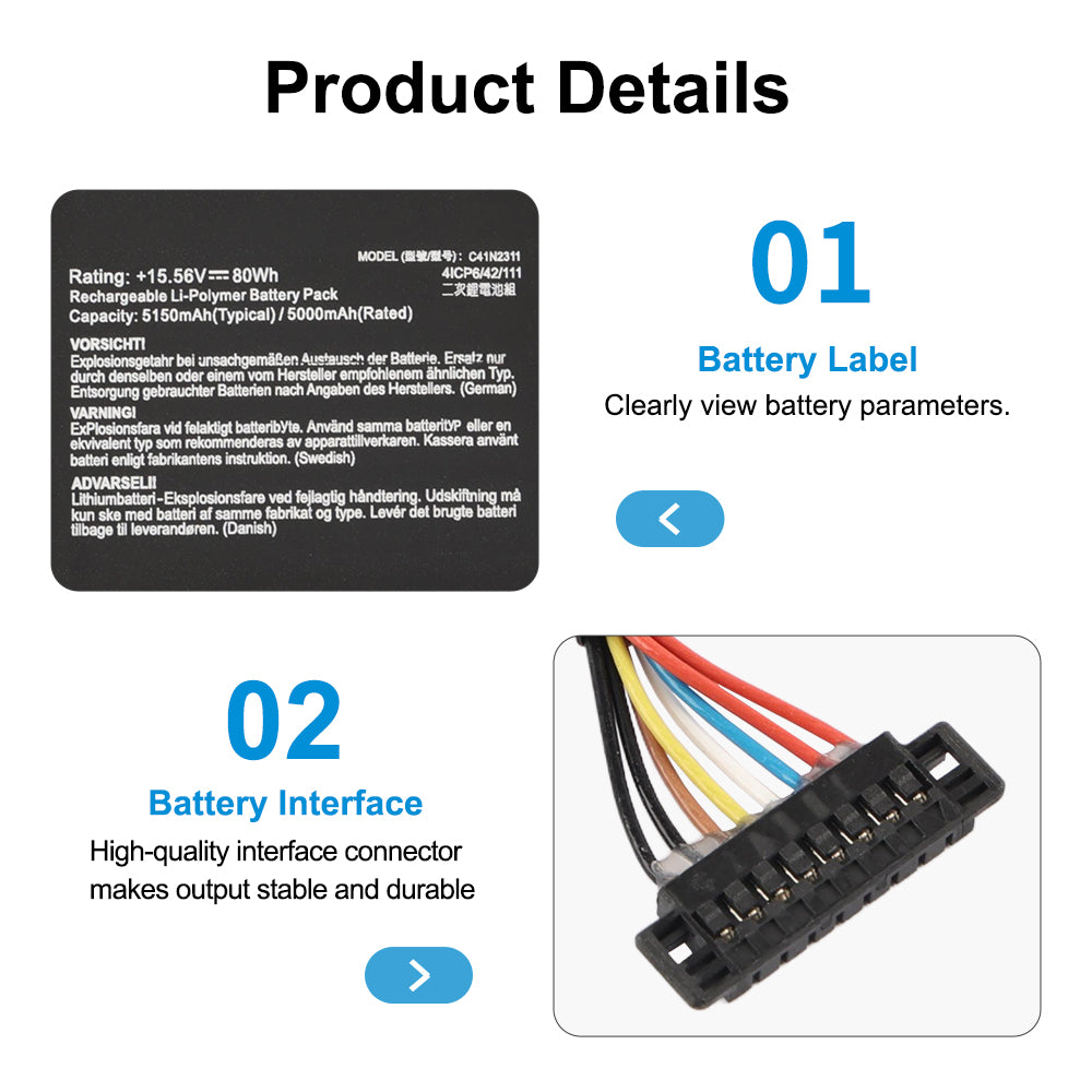 C41N2311 battery product details showing battery label and high-quality interface connector