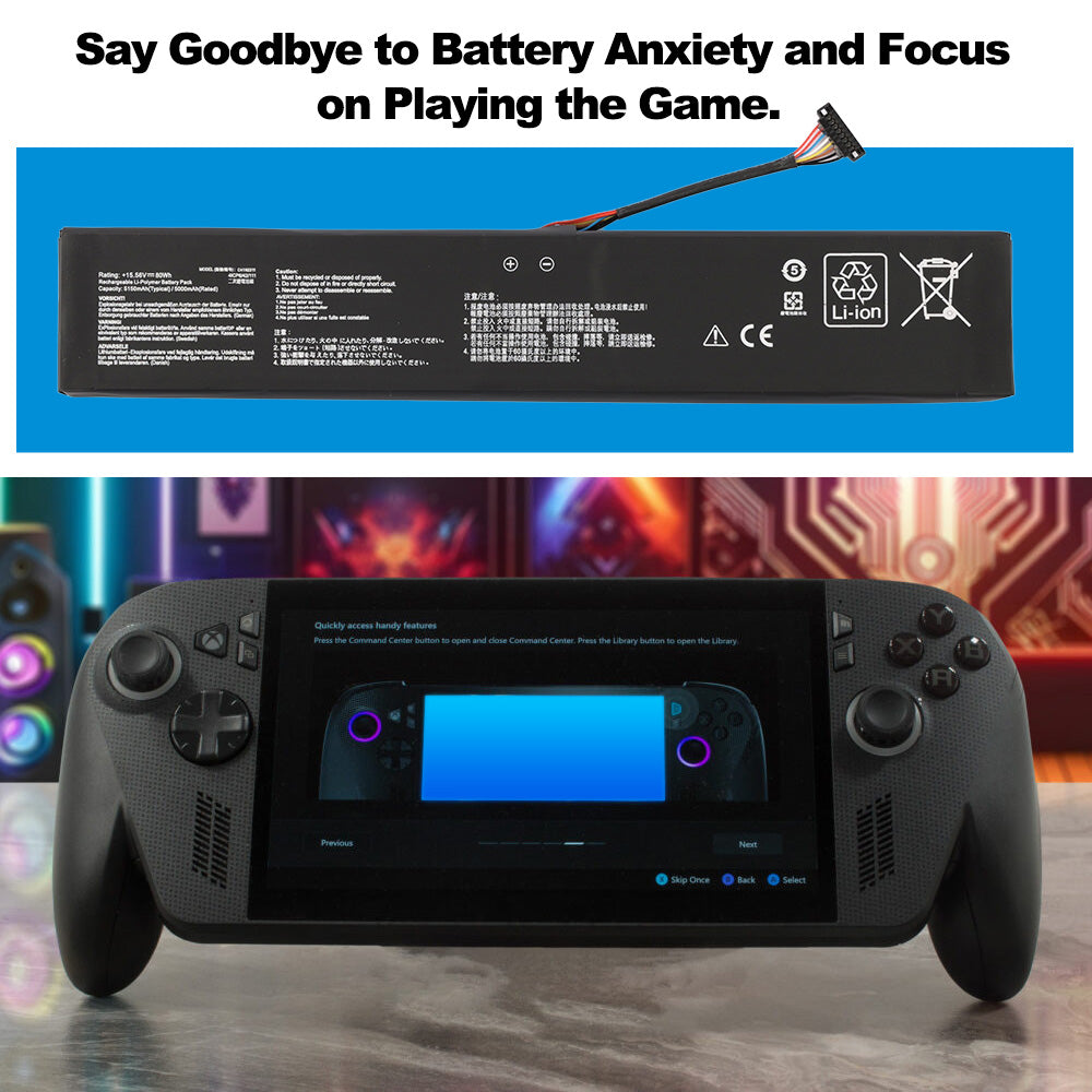 C41N2311 battery for Asus ROG ALLY X handheld gaming console in gaming setup scene