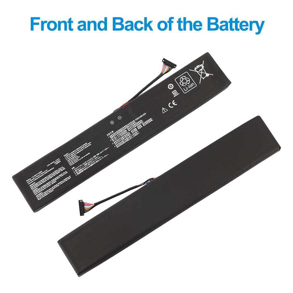 Front and back view of C41N2311 battery showing label side and plain black rear side