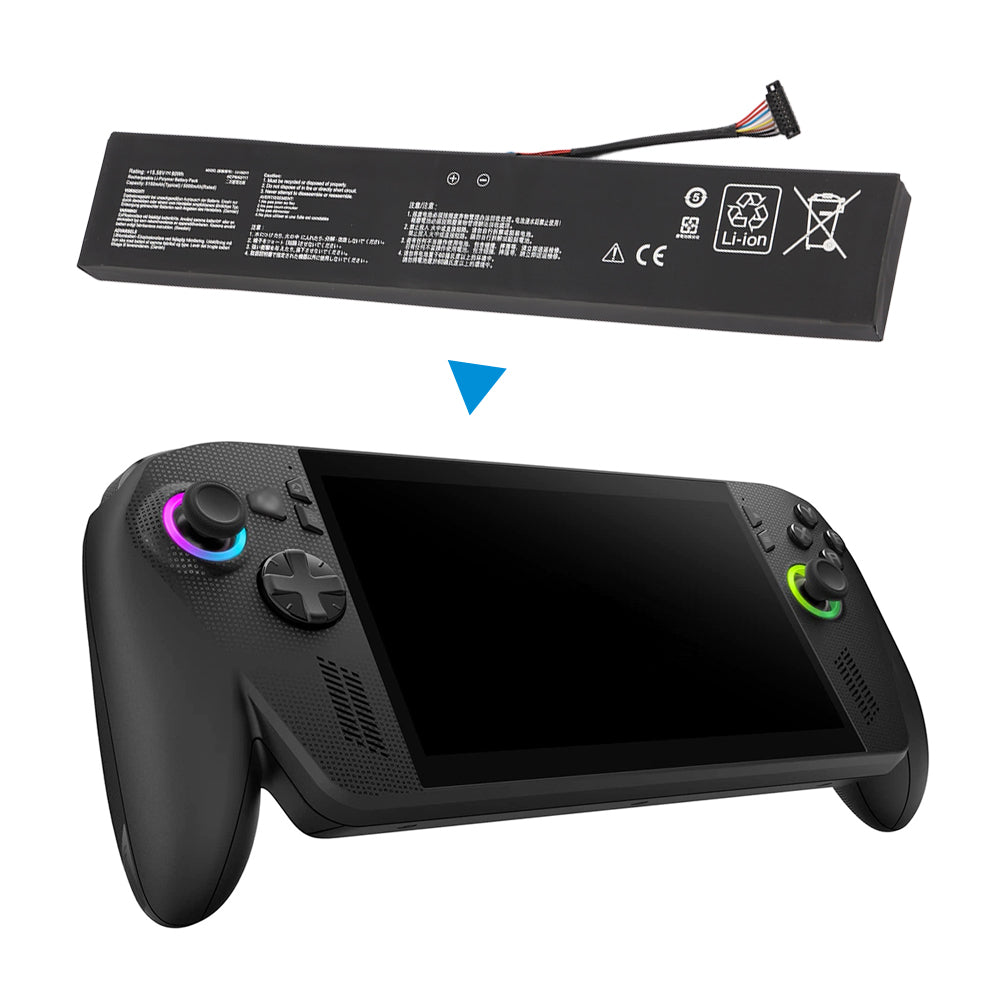 C41N2311 battery with Asus ROG ALLY X handheld gaming console on white background