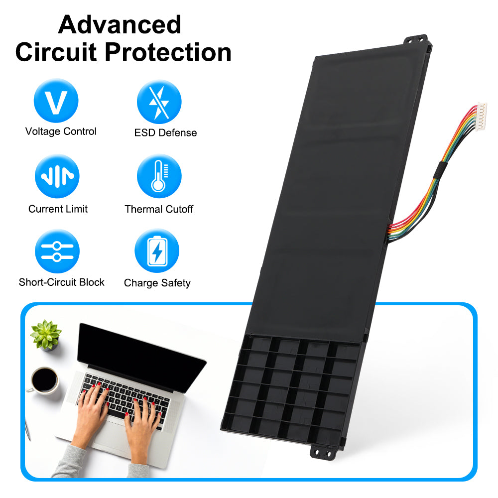 AC14B18J battery with advanced circuit protection: voltage ESD current thermal short-circuit charge safety, multi-wire interface for Acer Aspire notebook