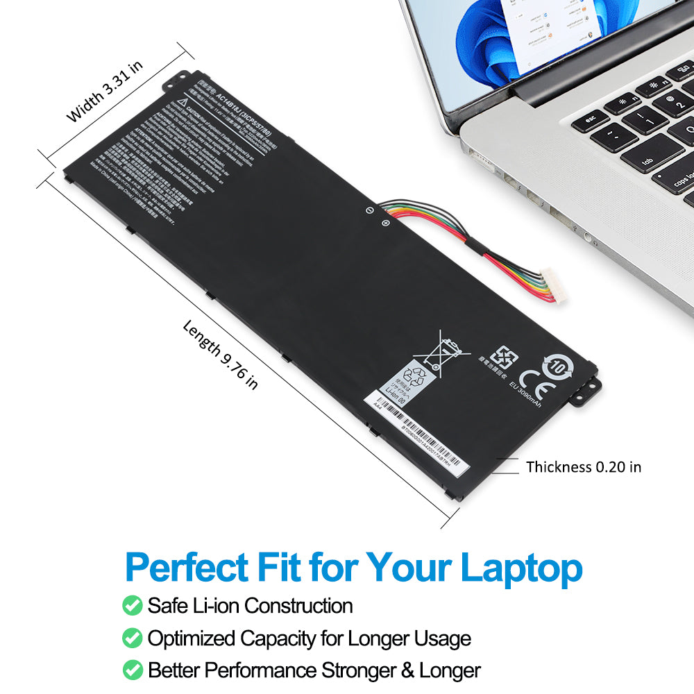 AC14B18J battery perfect fit with dimensions 9.76in 3.31in 0.20in, safe Li-ion optimized capacity for Acer Aspire E5 ES1 TravelMate Chromebook replacement