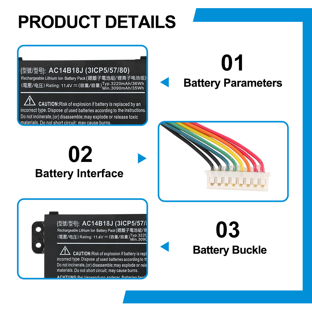 AC14B18J product details: 11.4V 36Wh 3220mAh 3ICP5/57/80 battery parameters, 11-pin interface connector, buckle mount design for Acer Aspire notebook