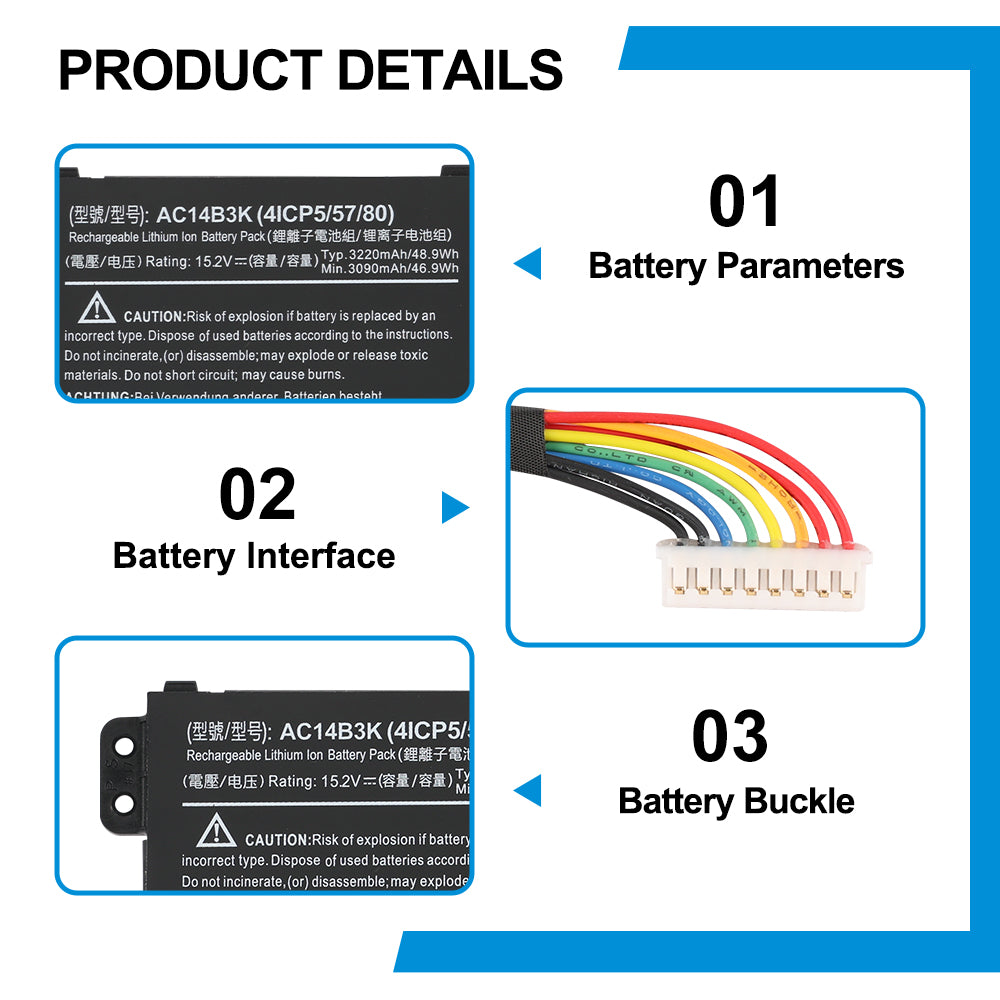 Acer AC14B3K replacement Li-ion laptop battery 15.2V 48.9Wh product details with parameters interface and buckle