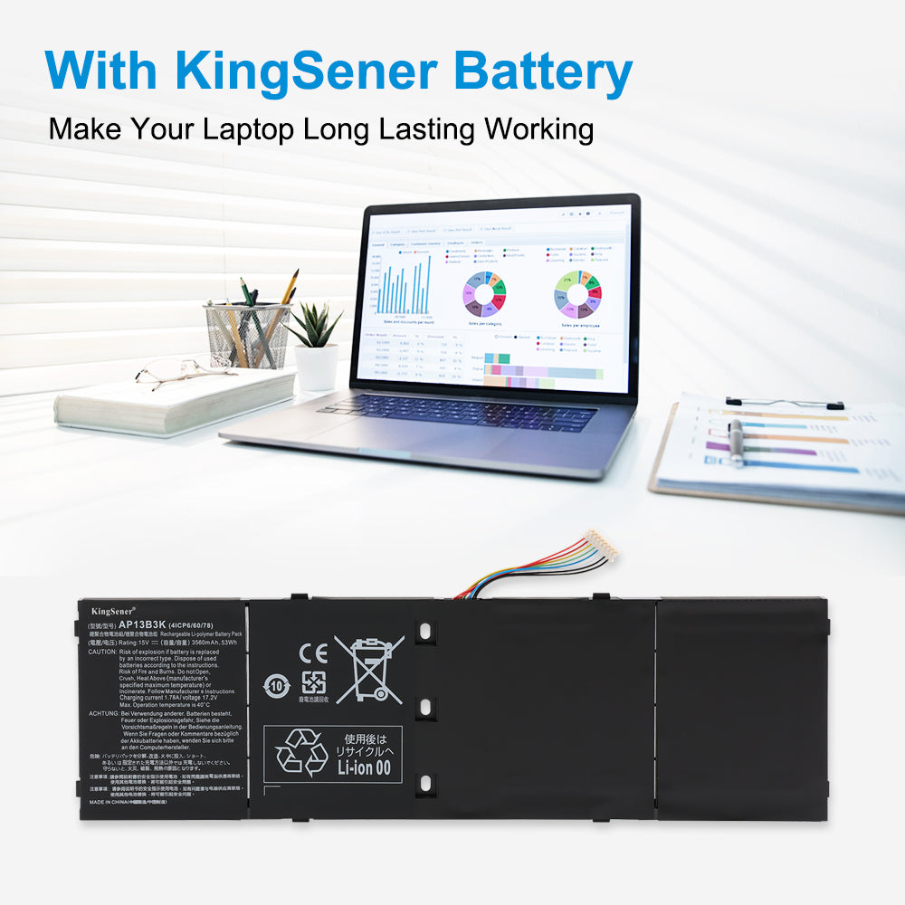 Acer AP13B3K replacement Li-polymer laptop battery 15V 3560mAh 53Wh for long lasting working performance