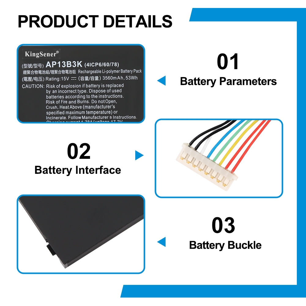 Acer AP13B3K replacement Li-polymer laptop battery 15V 3560mAh 53Wh product details with parameters interface and buckle