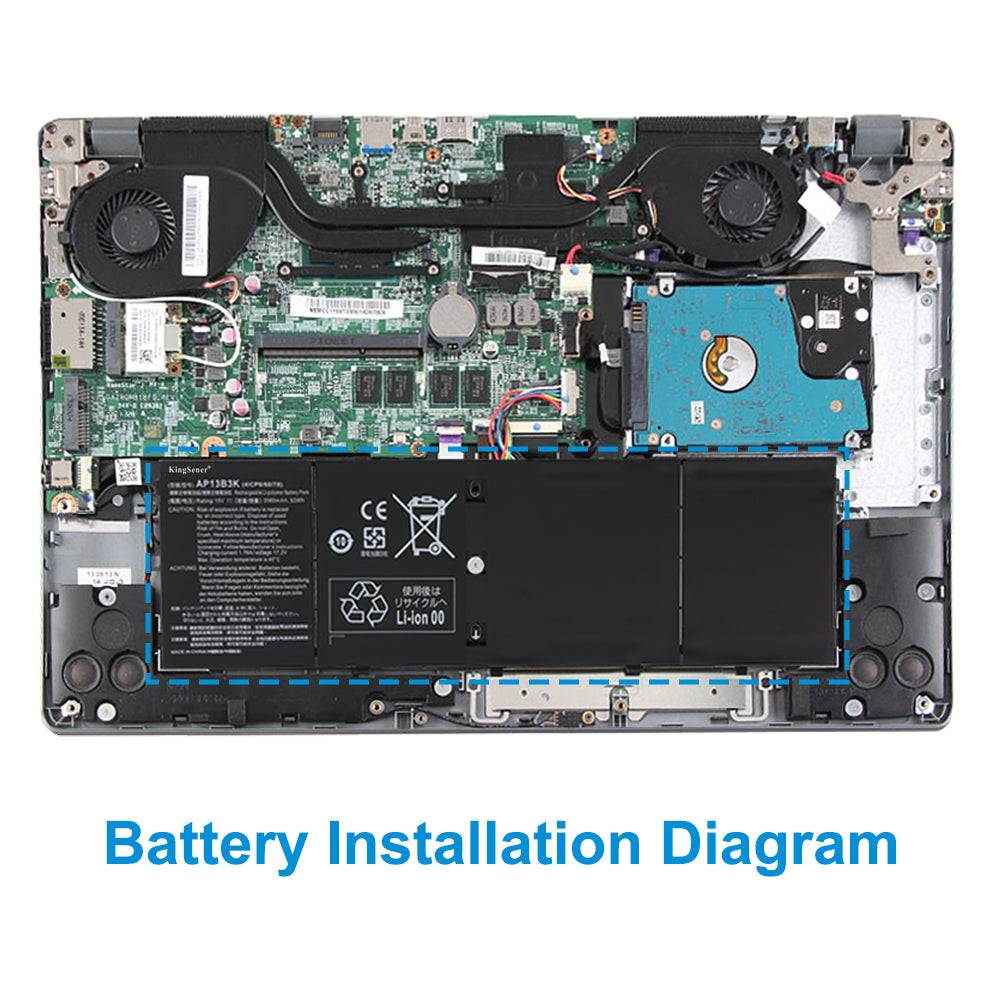Acer AP13B3K replacement Li-polymer laptop battery 15V 3560mAh 53Wh installation diagram inside Acer laptop