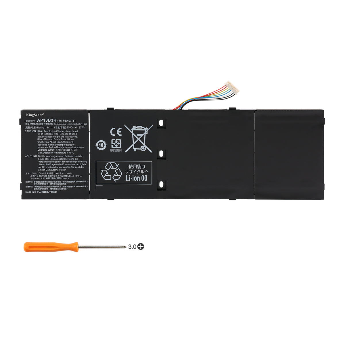 Acer AP13B3K replacement Li-polymer laptop battery 15V 3560mAh 53Wh PH3 screwdriver for installation